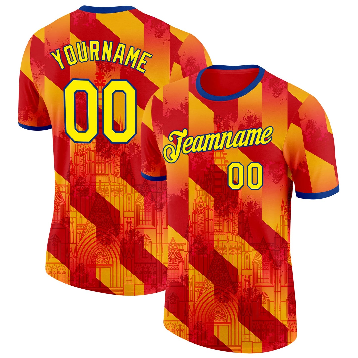 Custom Red Light Yellow-Royal Spain Diagonal Stripe Gothic Performance T-Shirt - Main View