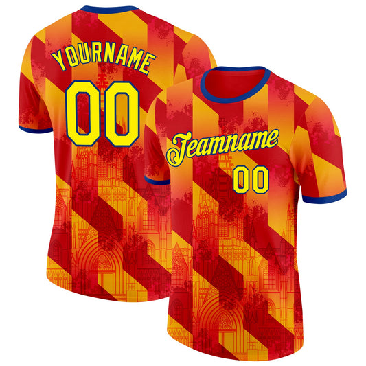 Custom Red Light Yellow-Royal Spain Diagonal Stripe Gothic Performance T-Shirt - Main View