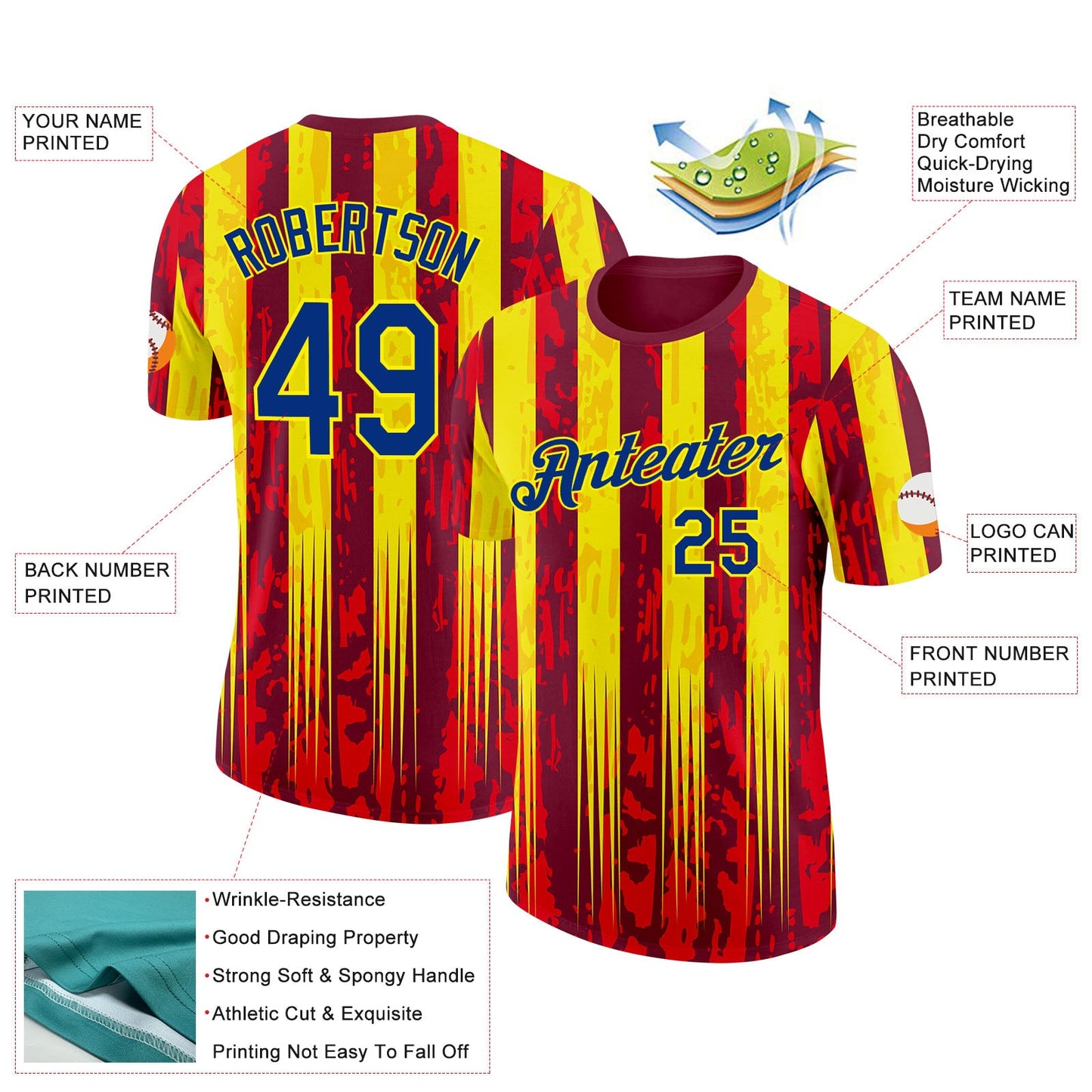 Custom Red Royal-Light Yellow Spain Splash Stripe Performance T-Shirt view 2