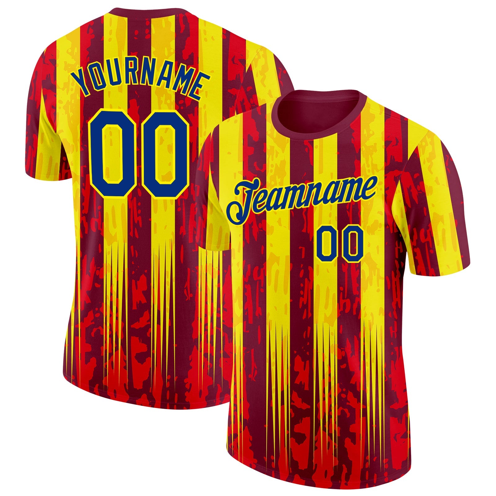 Custom Red Royal-Light Yellow Spain Splash Stripe Performance T-Shirt - Main View