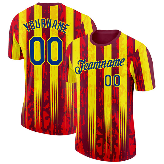 Custom Red Royal-Light Yellow Spain Splash Stripe Performance T-Shirt - Main View