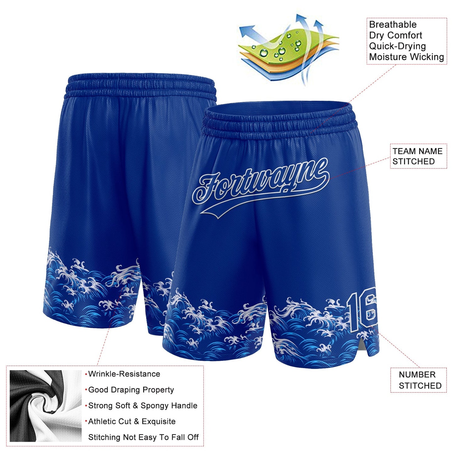 Custom Royal White 3D Pattern Waves Authentic Basketball Shorts view 2