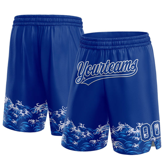 Custom Royal White 3D Pattern Waves Authentic Basketball Shorts - Main View