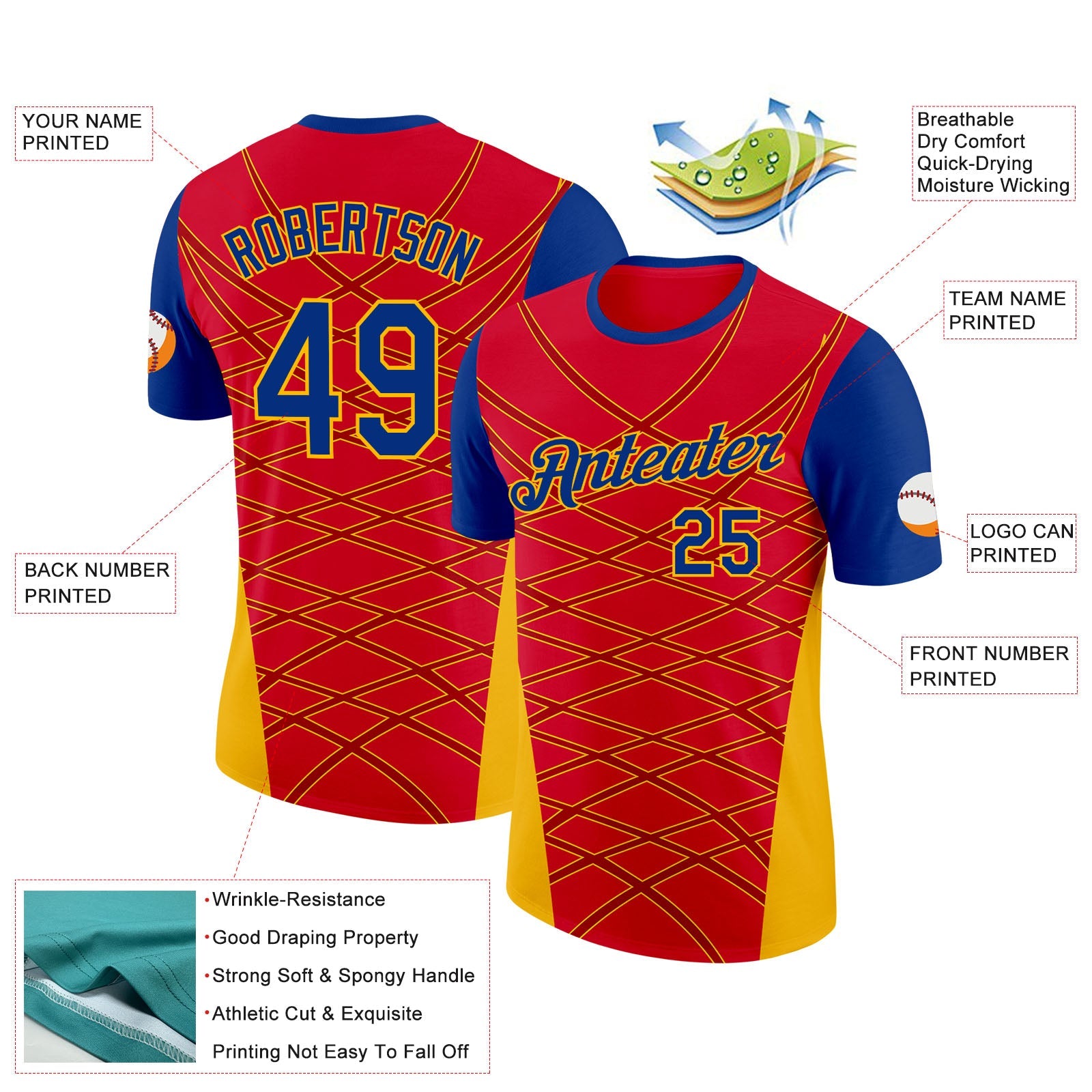 Custom Red Royal-Gold Spain Geometric Net Performance T-Shirt view 2