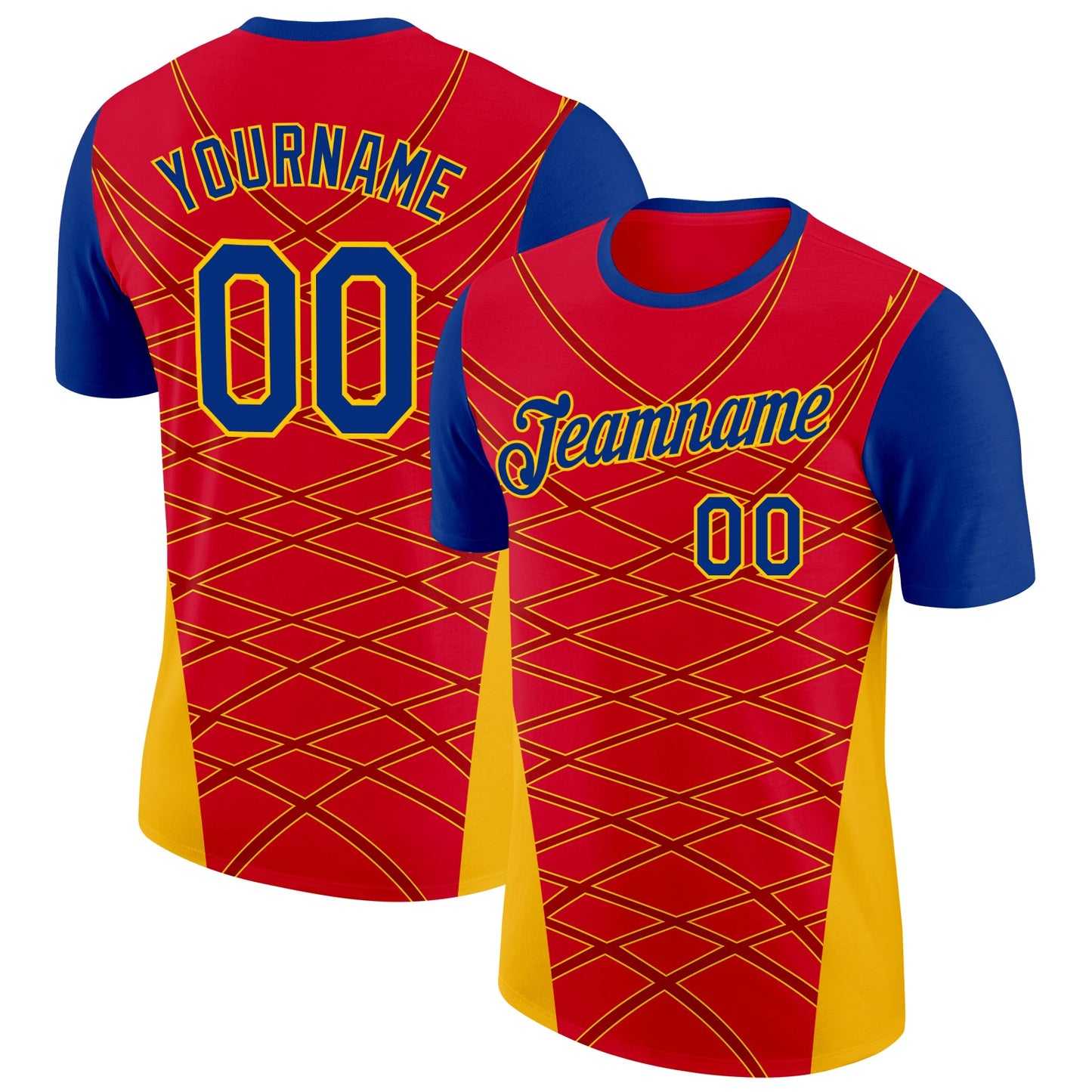 Custom Red Royal-Gold Spain Geometric Net Performance T-Shirt - Main View