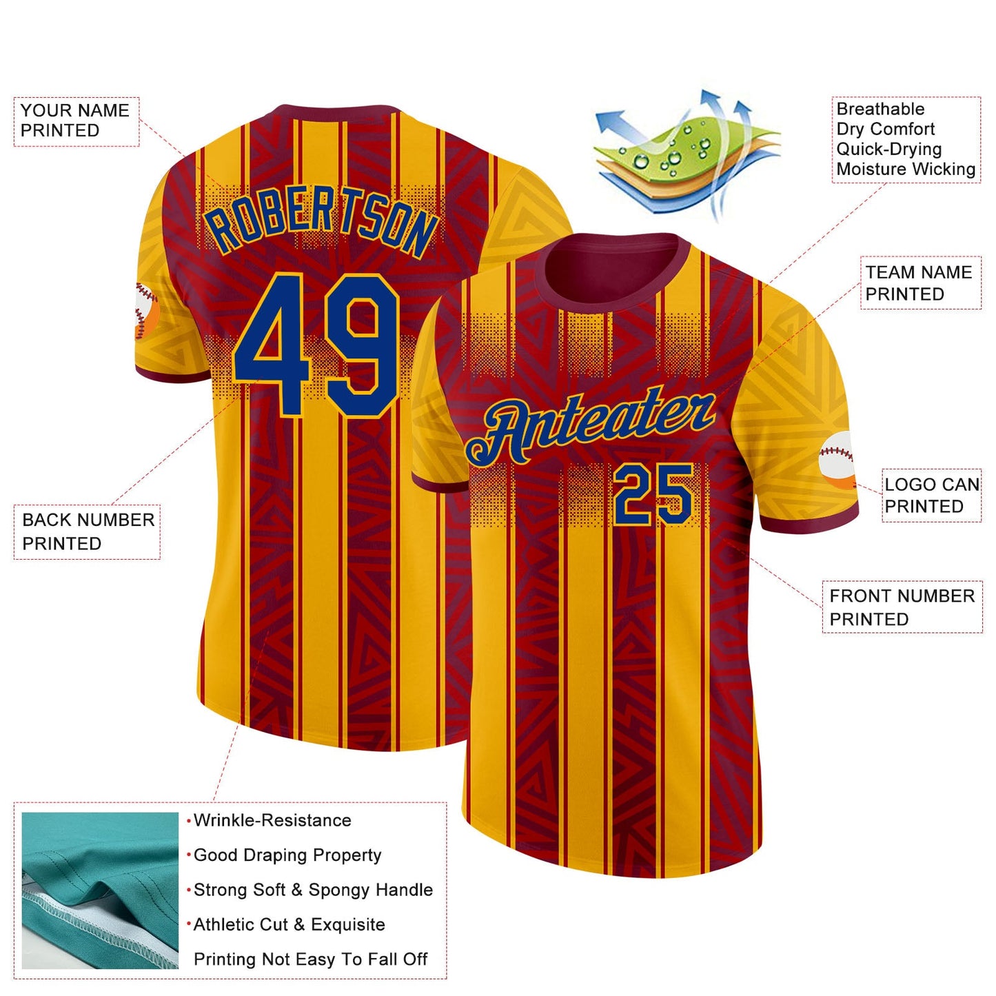 Custom Gold Royal-Red Spain Geometric Stripe Performance T-Shirt view 2