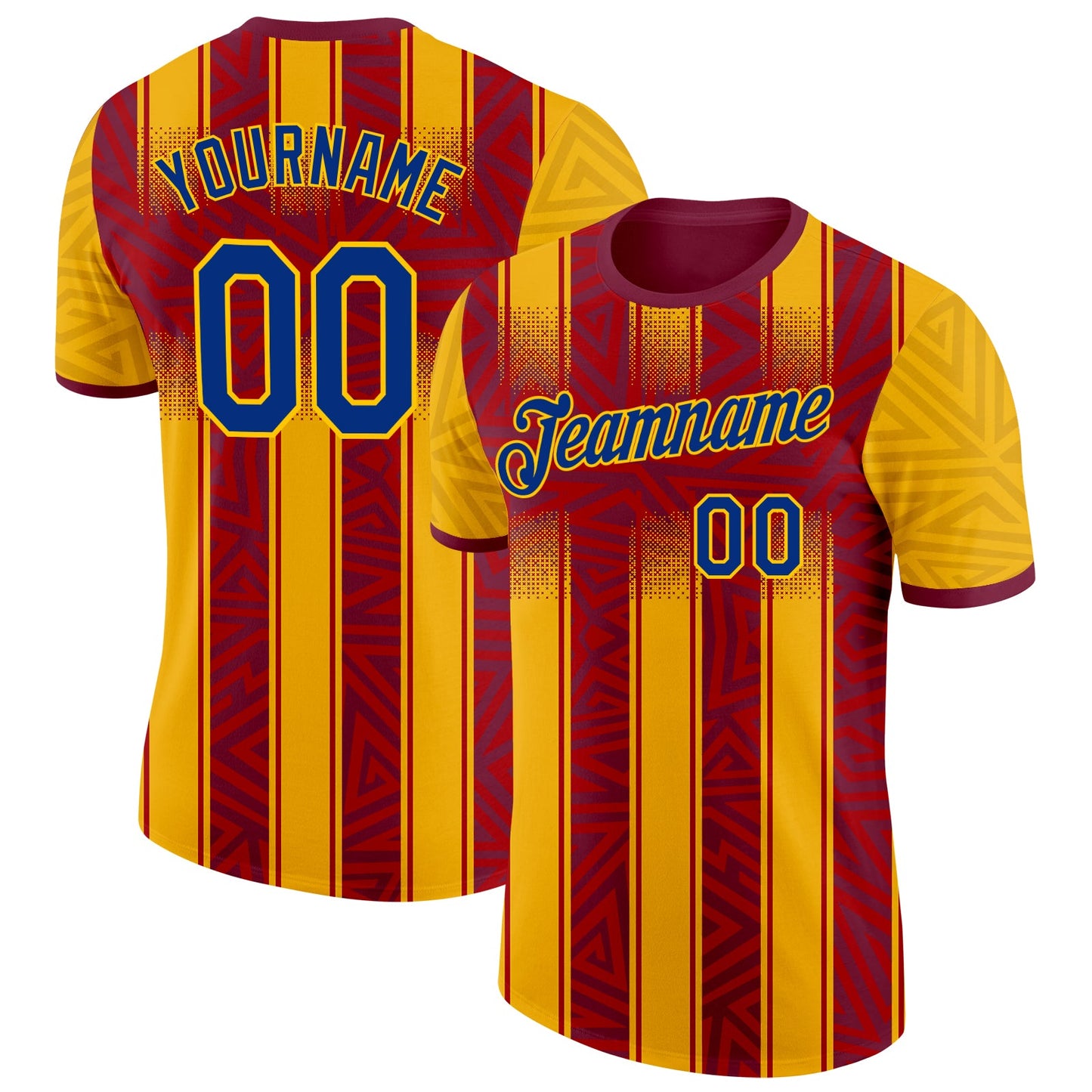 Custom Gold Royal-Red Spain Geometric Stripe Performance T-Shirt - Main View