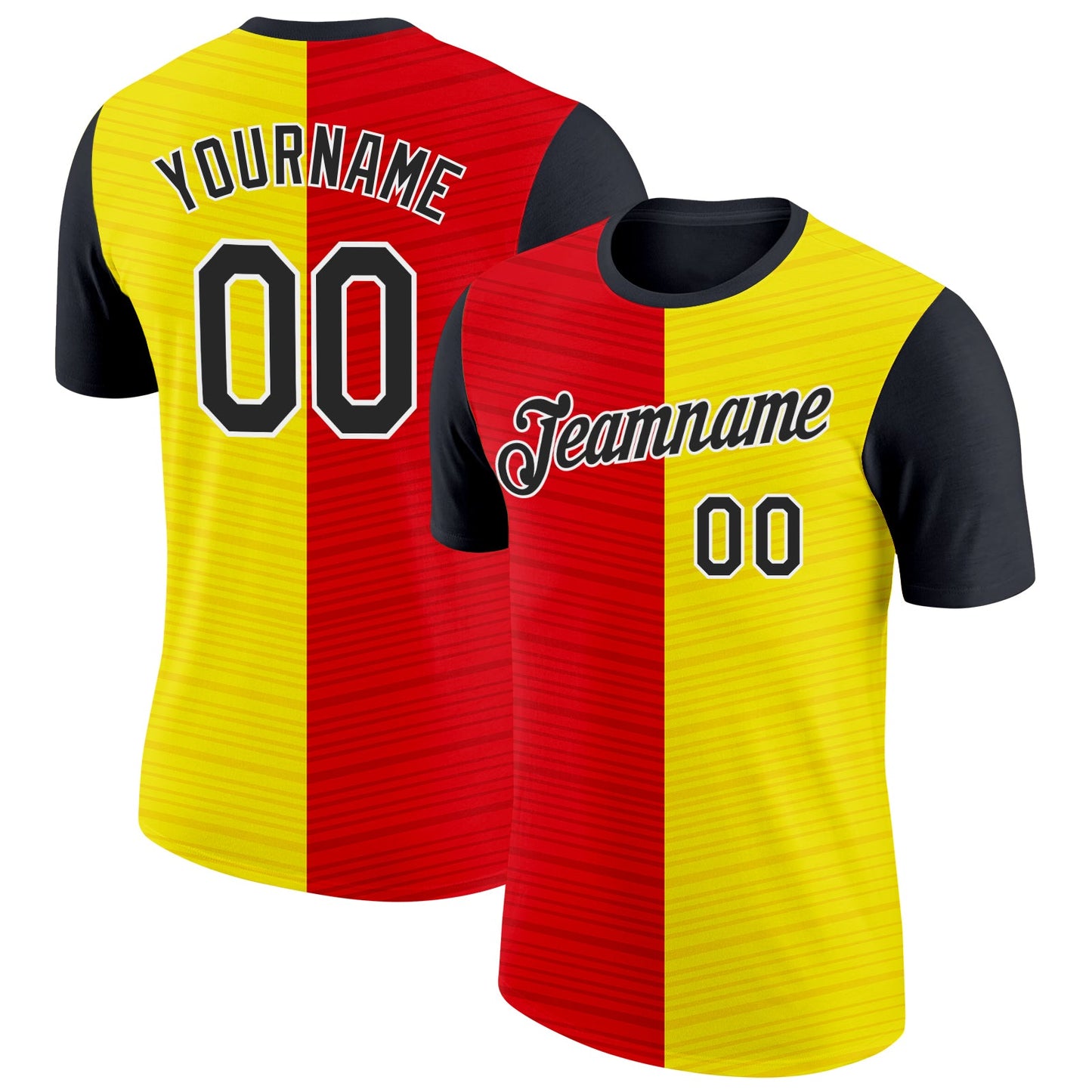 Custom Gold Black Red-White Spain Split Stripe Performance T-Shirt - Main View