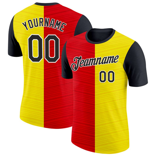 Custom Gold Black Red-White Spain Split Stripe Performance T-Shirt - Main View