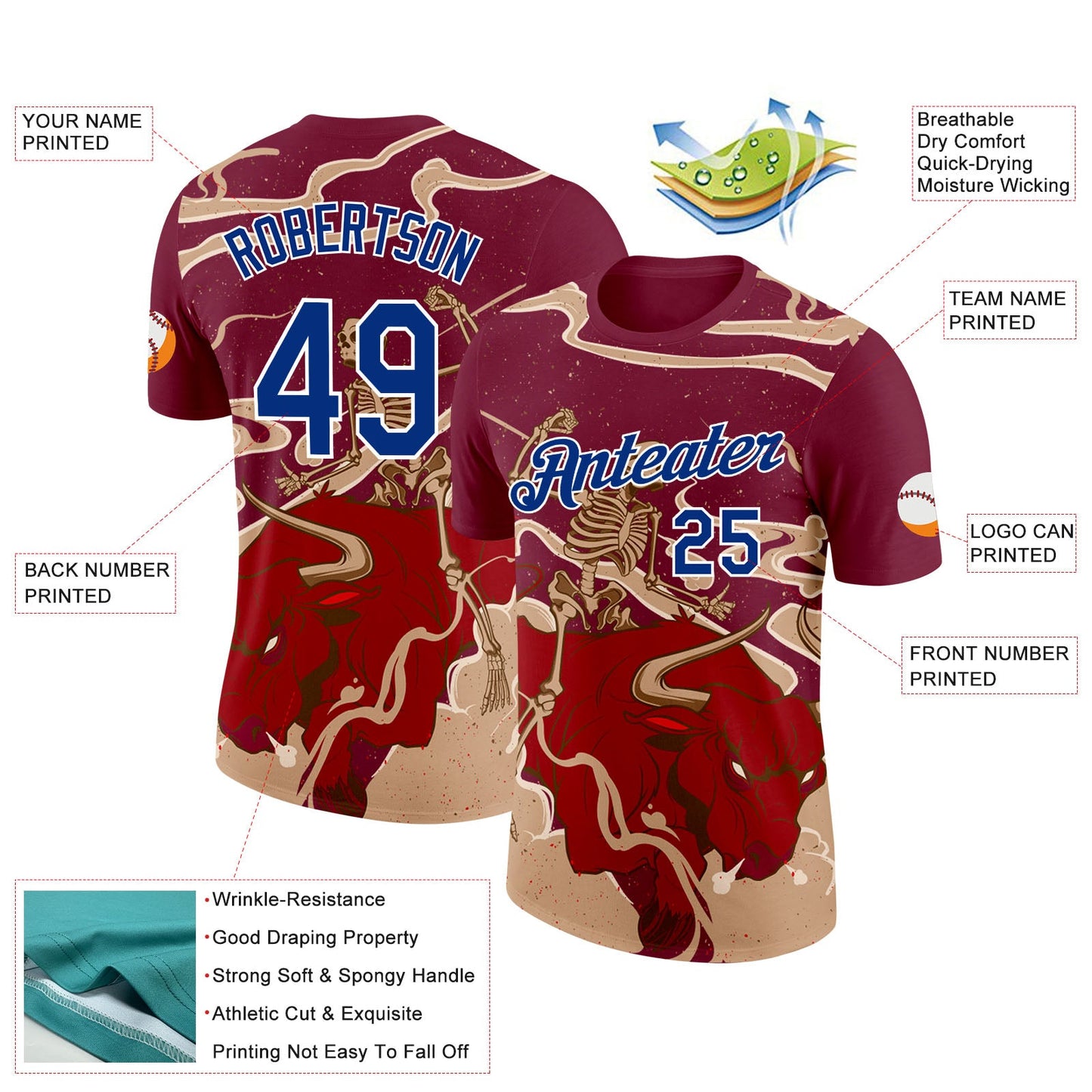Custom Crimson Royal-White Spain Skeleton OX Performance T-Shirt view 2