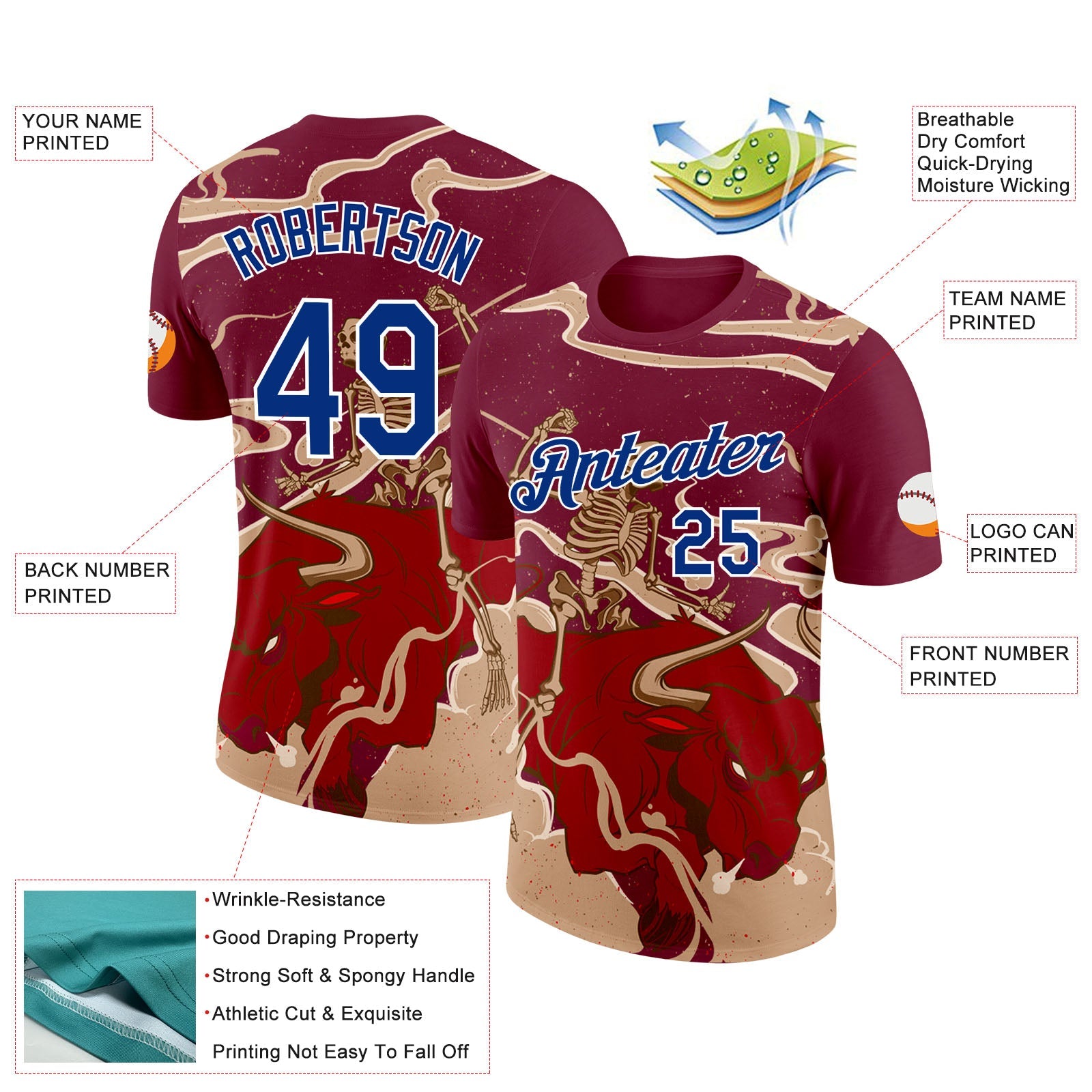 Custom Crimson Royal-White Spain Skeleton OX Performance T-Shirt view 2