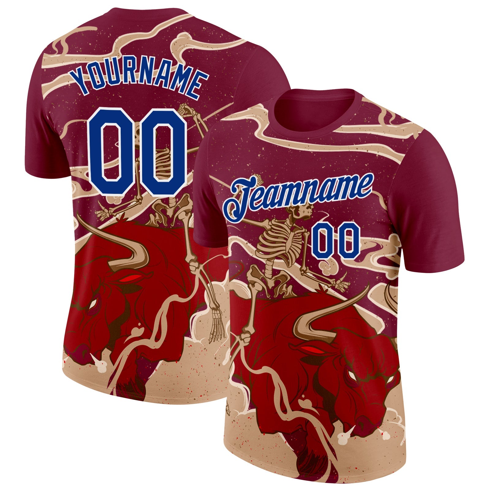 Custom Crimson Royal-White Spain Skeleton OX Performance T-Shirt - Main View