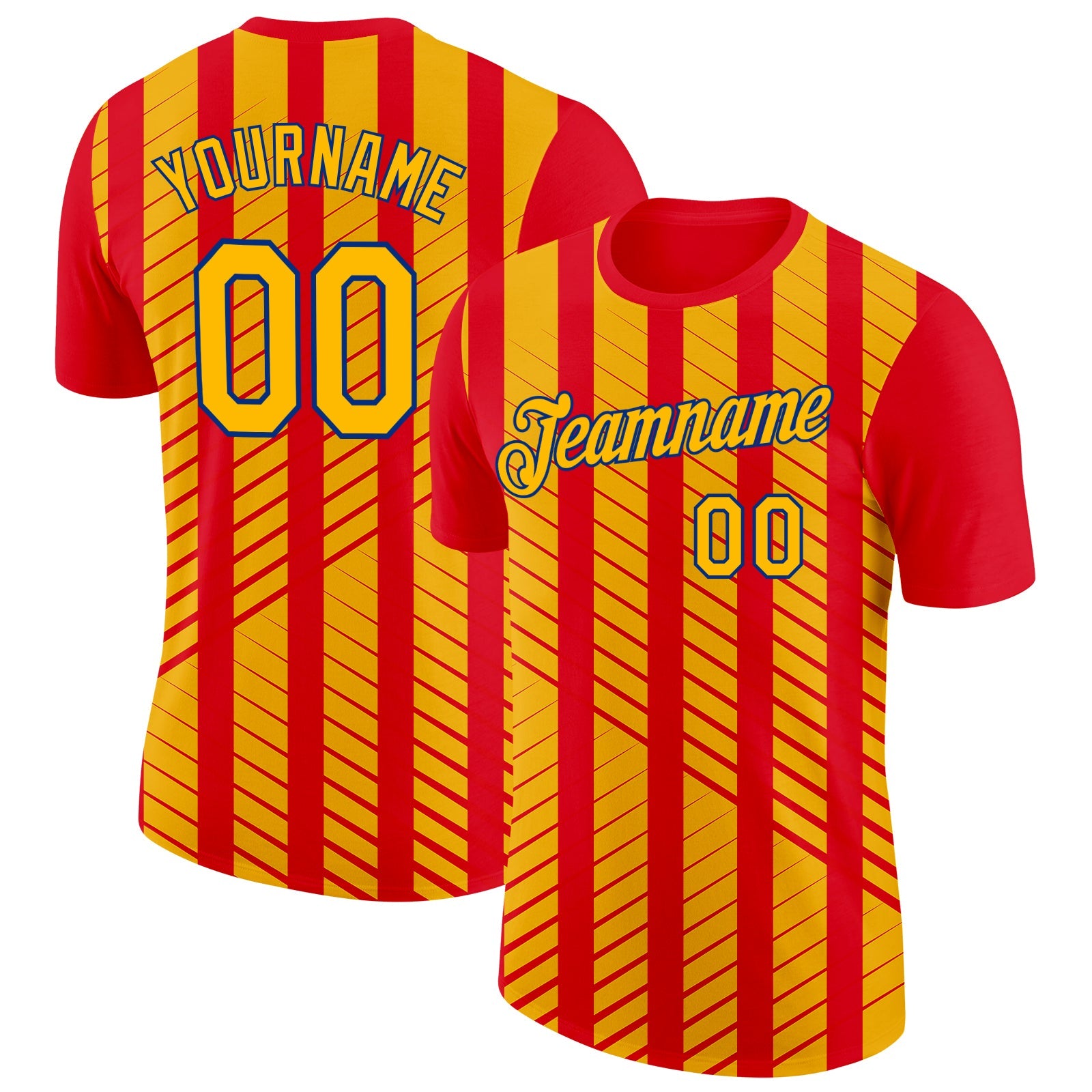 Custom Red Gold-Royal Spain Stripe Performance T-Shirt - Main View