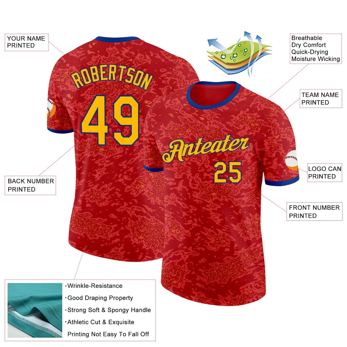 Custom Red Gold-Royal Spain Splash Performance T-Shirt view 2