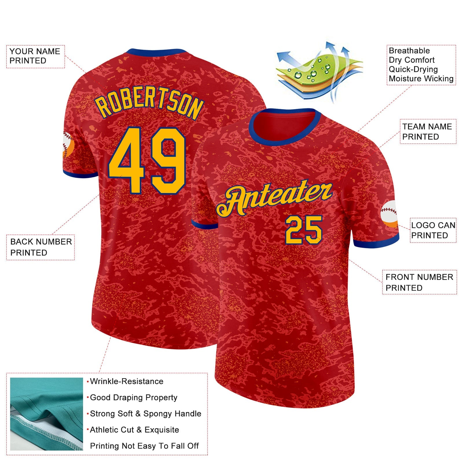 Custom Red Gold-Royal Spain Splash Performance T-Shirt view 2