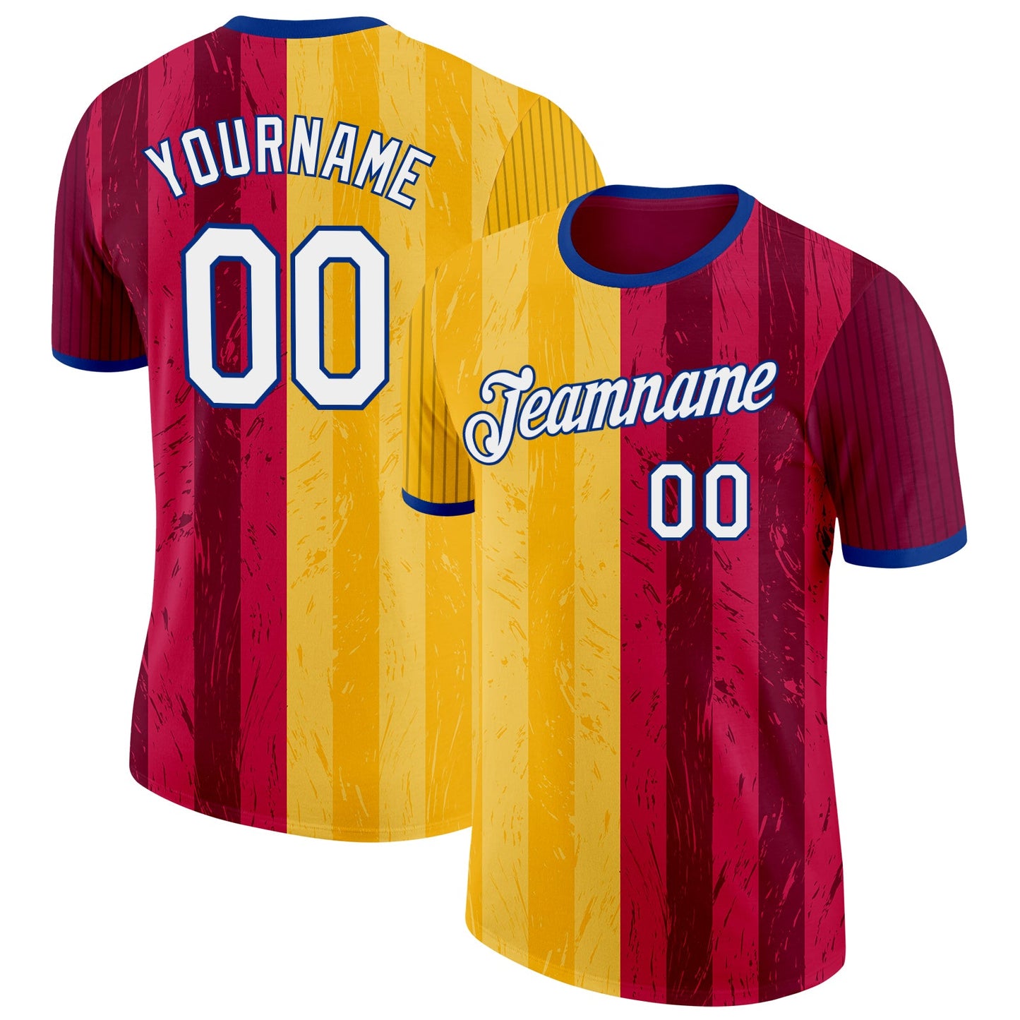 Custom Red White Yellow-Royal Spain Stripe Splash Performance T-Shirt - Main View