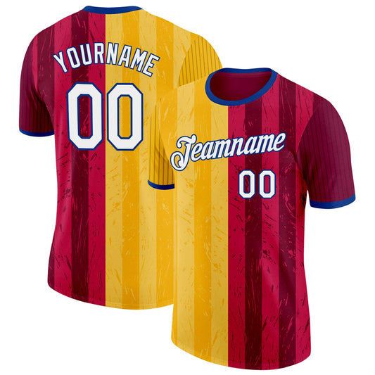 Custom Red White Yellow-Royal Spain Stripe Splash Performance T-Shirt - Main View