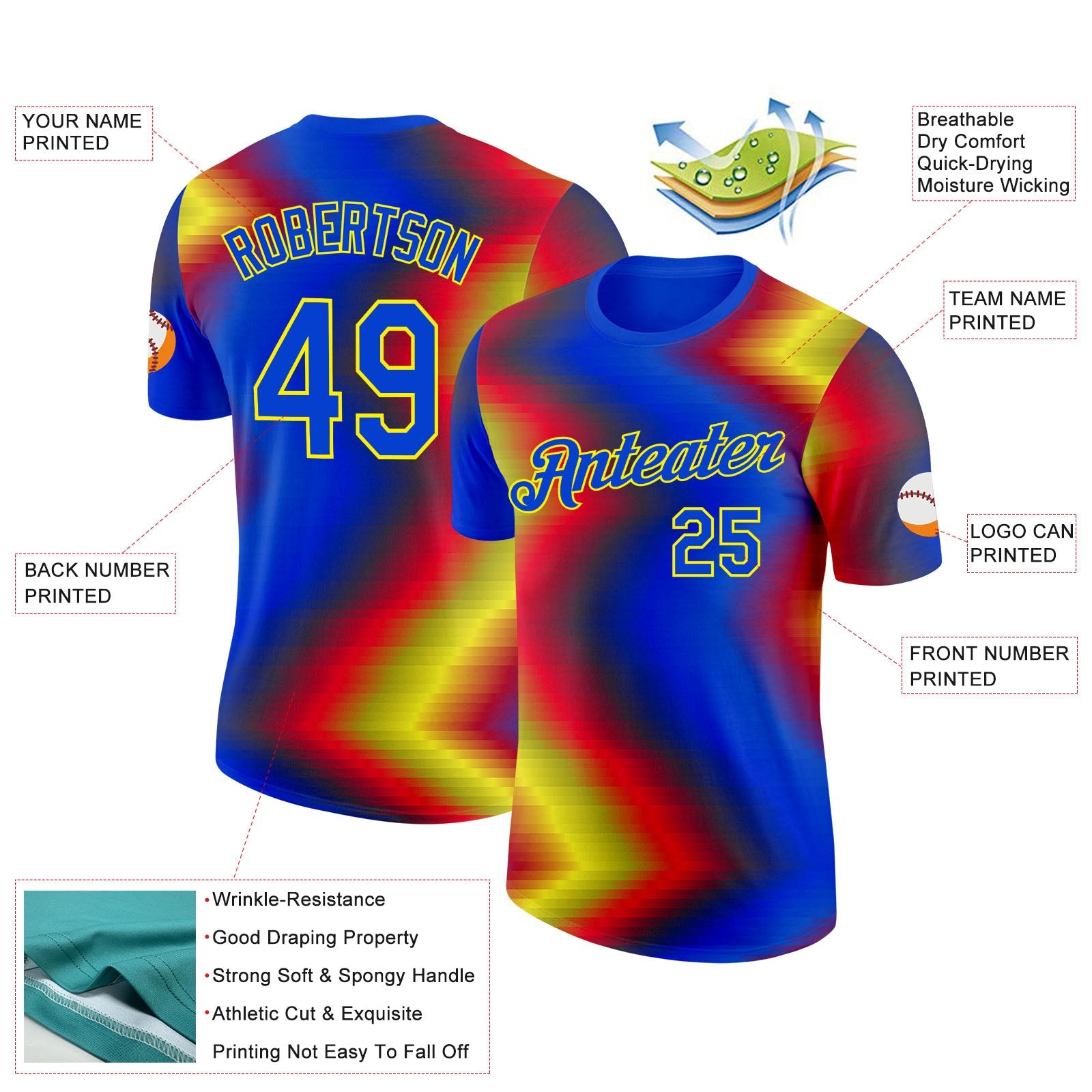 Custom Blue Red Yellow-Black Spain Pixel Gradient Performance T-Shirt view 2