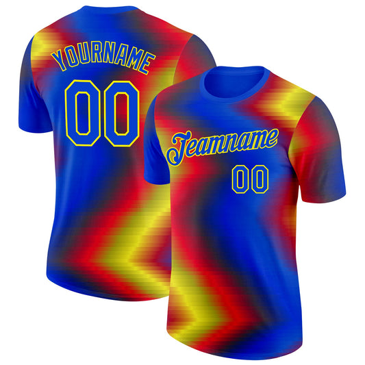 Custom Blue Red Yellow-Black Spain Pixel Gradient Performance T-Shirt - Main View