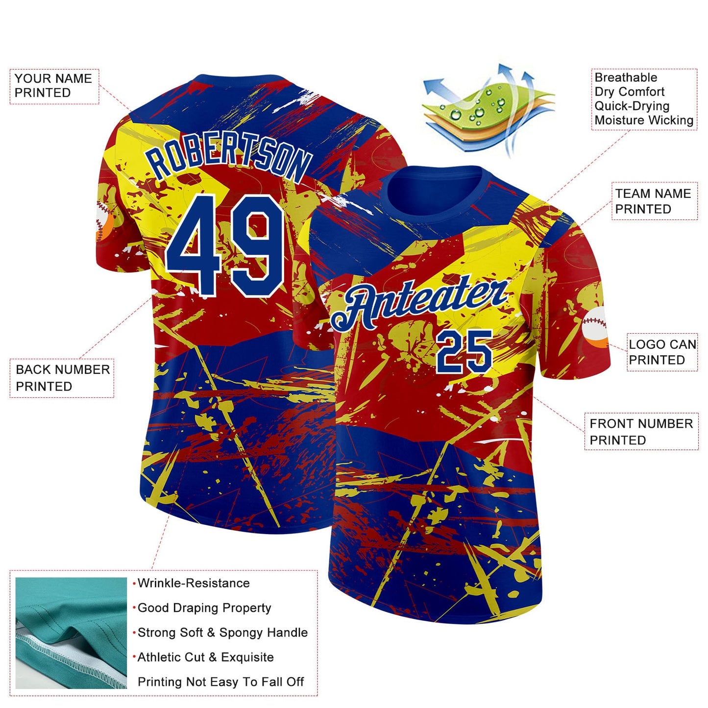 Custom Royal Red Yellow-White Spain Splash Performance T-Shirt view 2