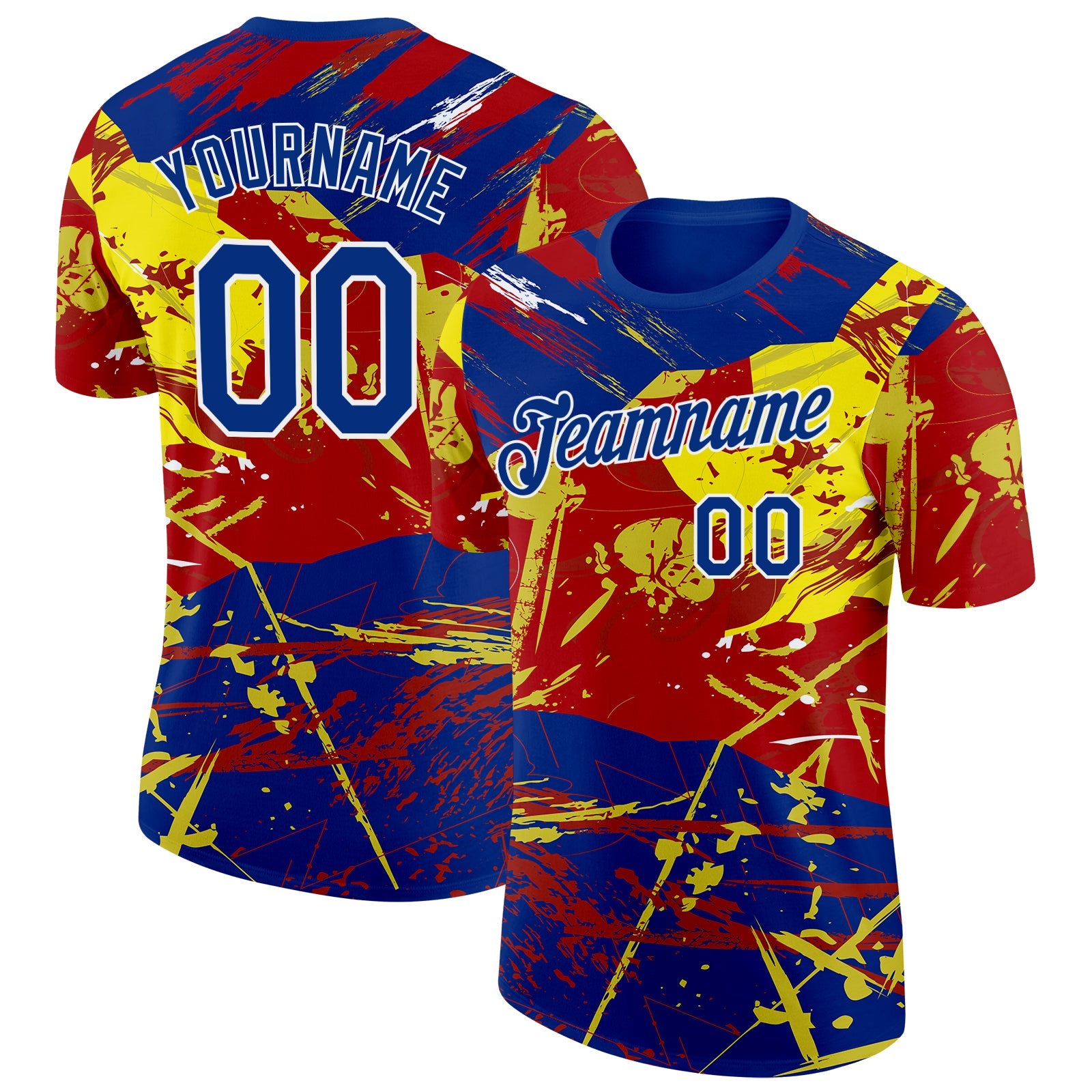 Custom Royal Red Yellow-White Spain Splash Performance T-Shirt - Main View