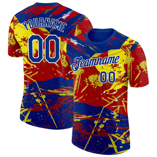 Custom Royal Red Yellow-White Spain Splash Performance T-Shirt - Main View
