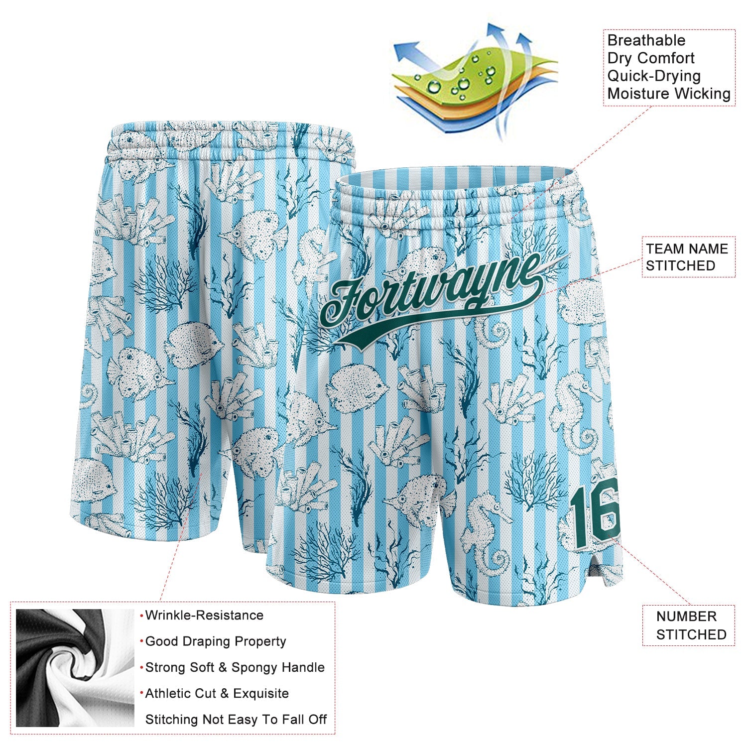 Custom Light Blue Midnight Green-White 3D Pattern Coral Fish And Seahorse Authentic Basketball Shorts view 2