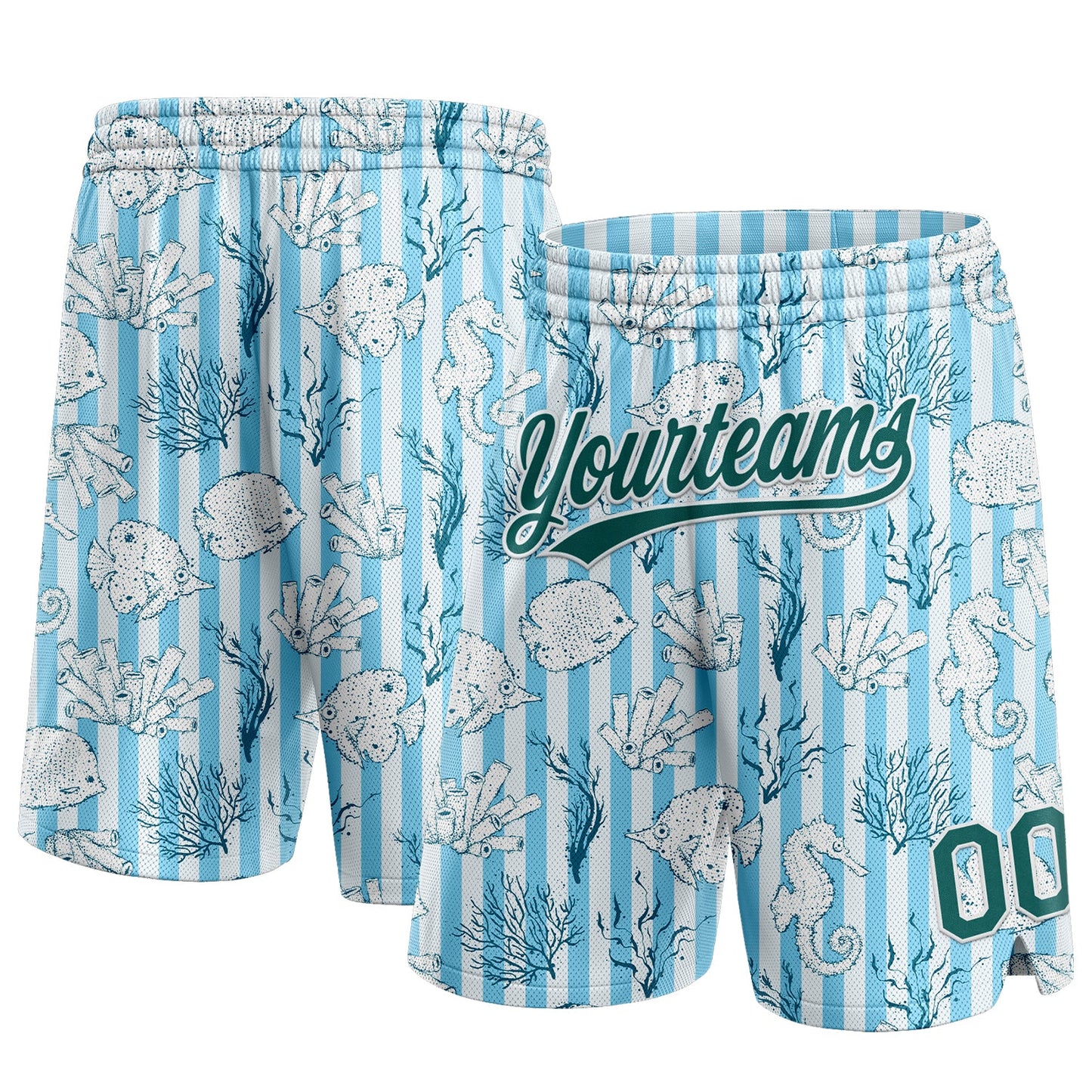 Custom Light Blue Midnight Green-White 3D Pattern Coral Fish And Seahorse Authentic Basketball Shorts - Main View