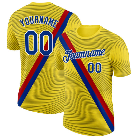 Custom Yellow Royal Red-White Spain Wave Stripe Performance T-Shirt - Main View