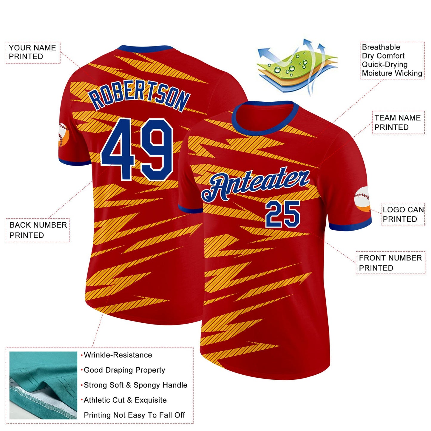 Custom Red Royal Yellow-White Spain Lightning Stripe Performance T-Shirt view 2