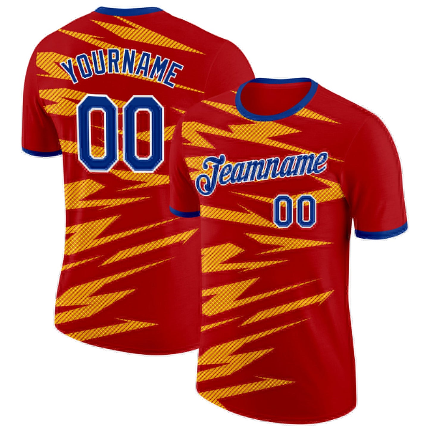 Custom Red Royal Yellow-White Spain Lightning Stripe Performance T-Shirt - Main View
