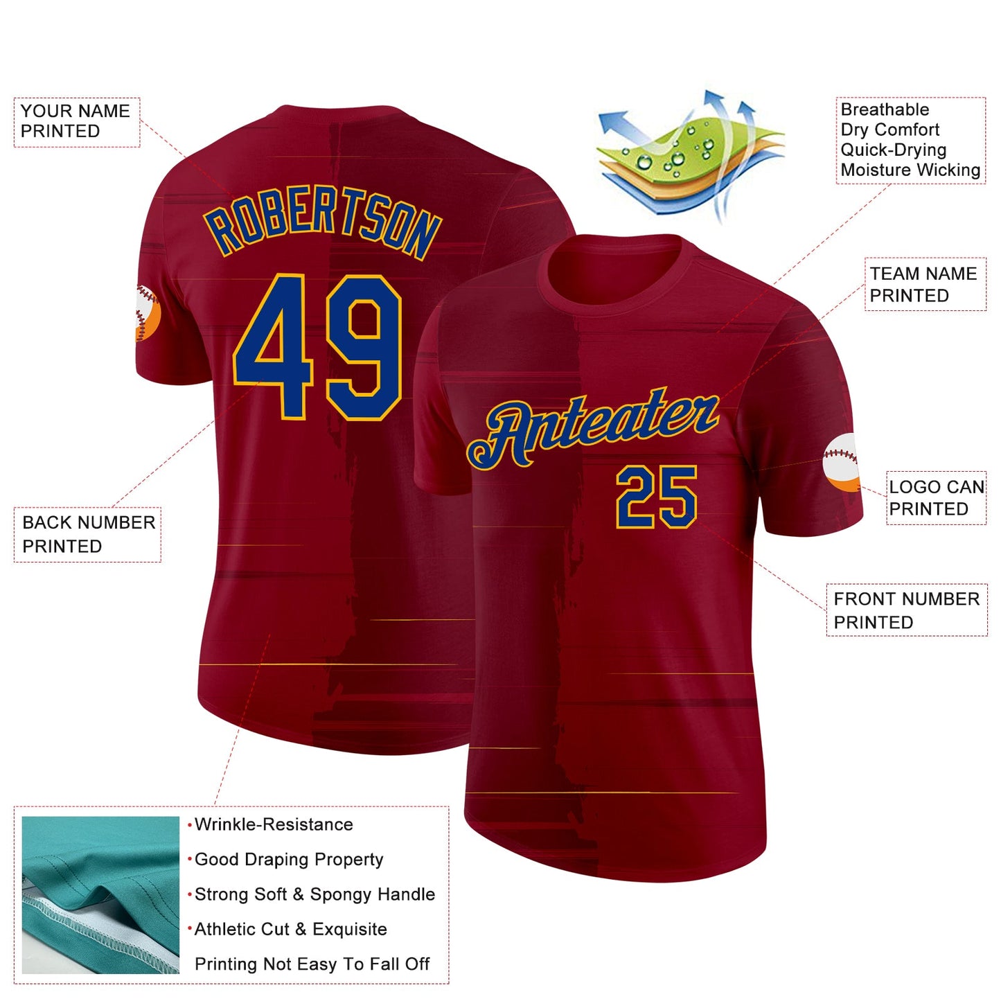 Custom Red Royal-Gold Spain Brush Stroke Performance T-Shirt view 2