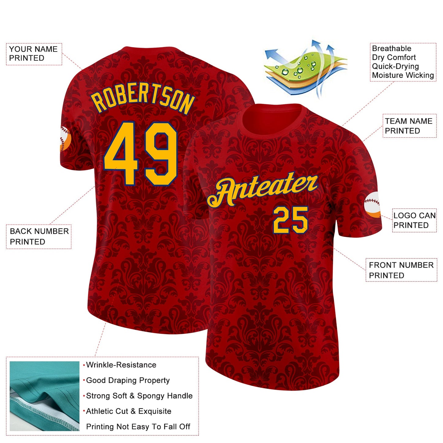 Custom Red Gold-Royal Spain Floral Damask Performance T-Shirt view 2