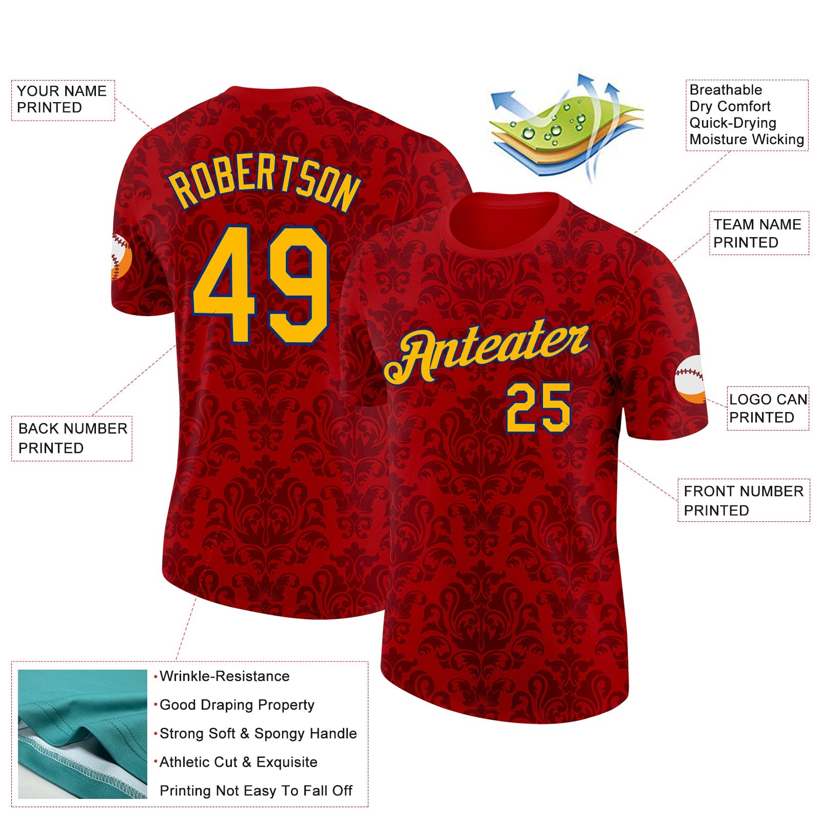 Custom Red Gold-Royal Spain Floral Damask Performance T-Shirt view 2