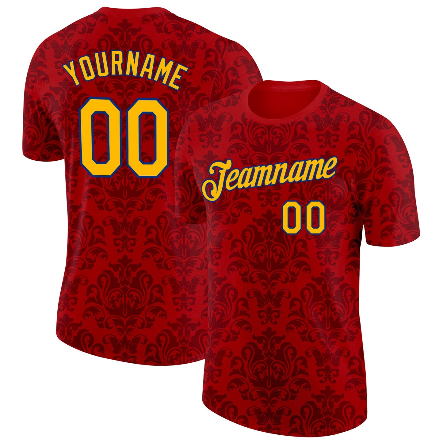 Custom Red Gold-Royal Spain Floral Damask Performance T-Shirt - Main View