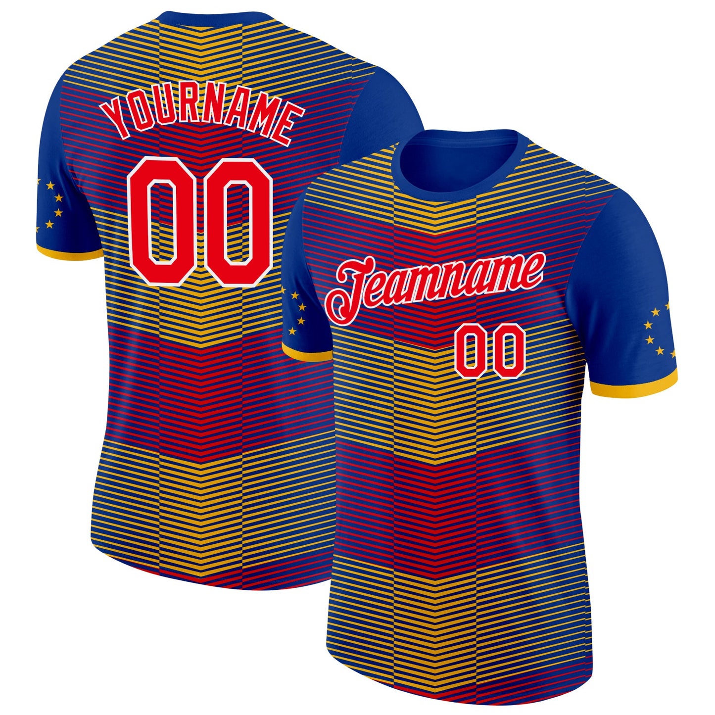 Custom Royal Fire Red Yellow-White Cape Verde Stripe Star Performance T-Shirt - Main View