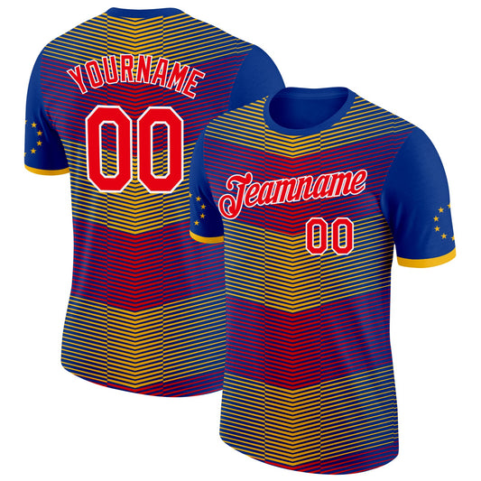 Custom Royal Fire Red Yellow-White Cape Verde Stripe Star Performance T-Shirt - Main View