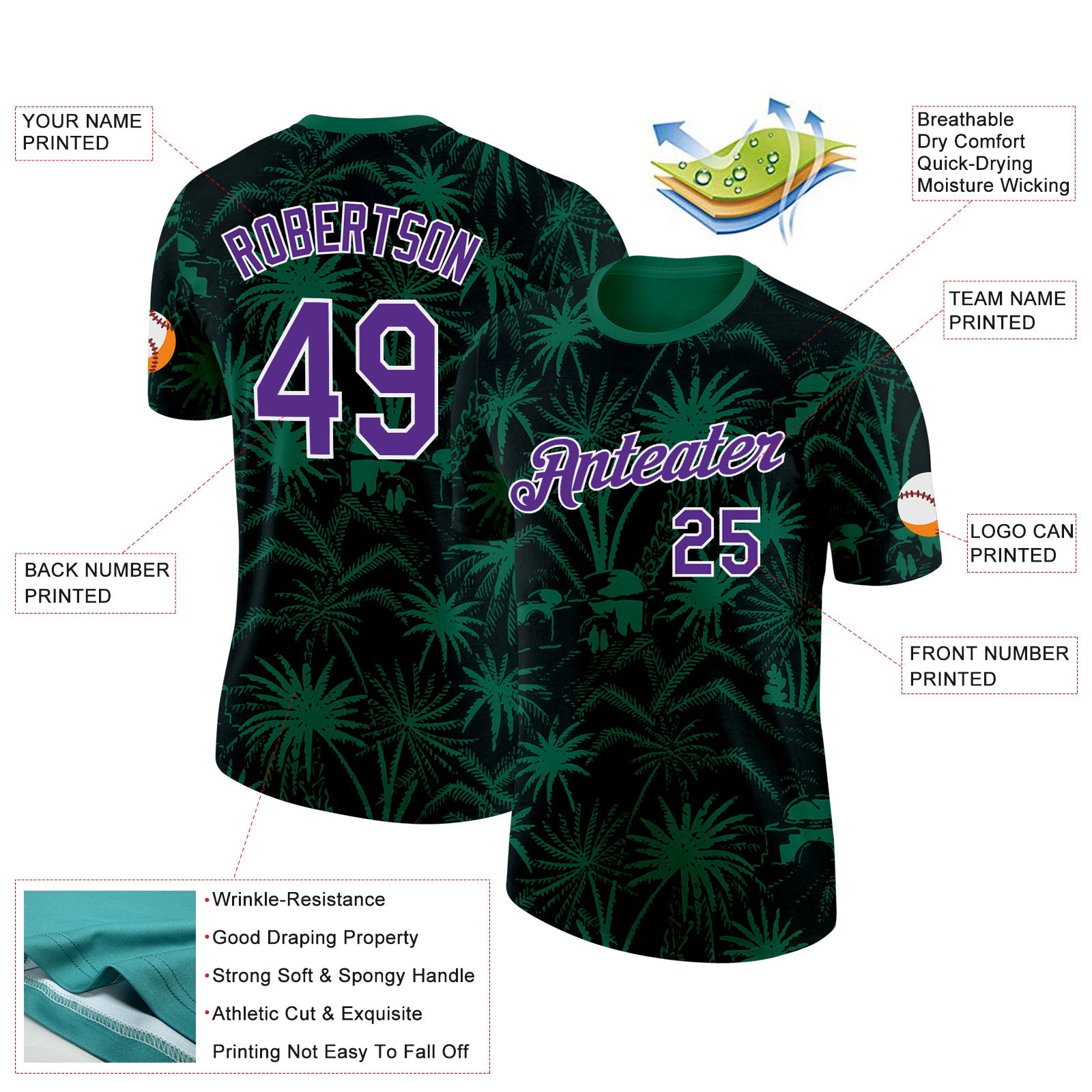 Custom Green Purple-White Saudi Arabia Tropical Palm Trees Performance T-Shirt view 2