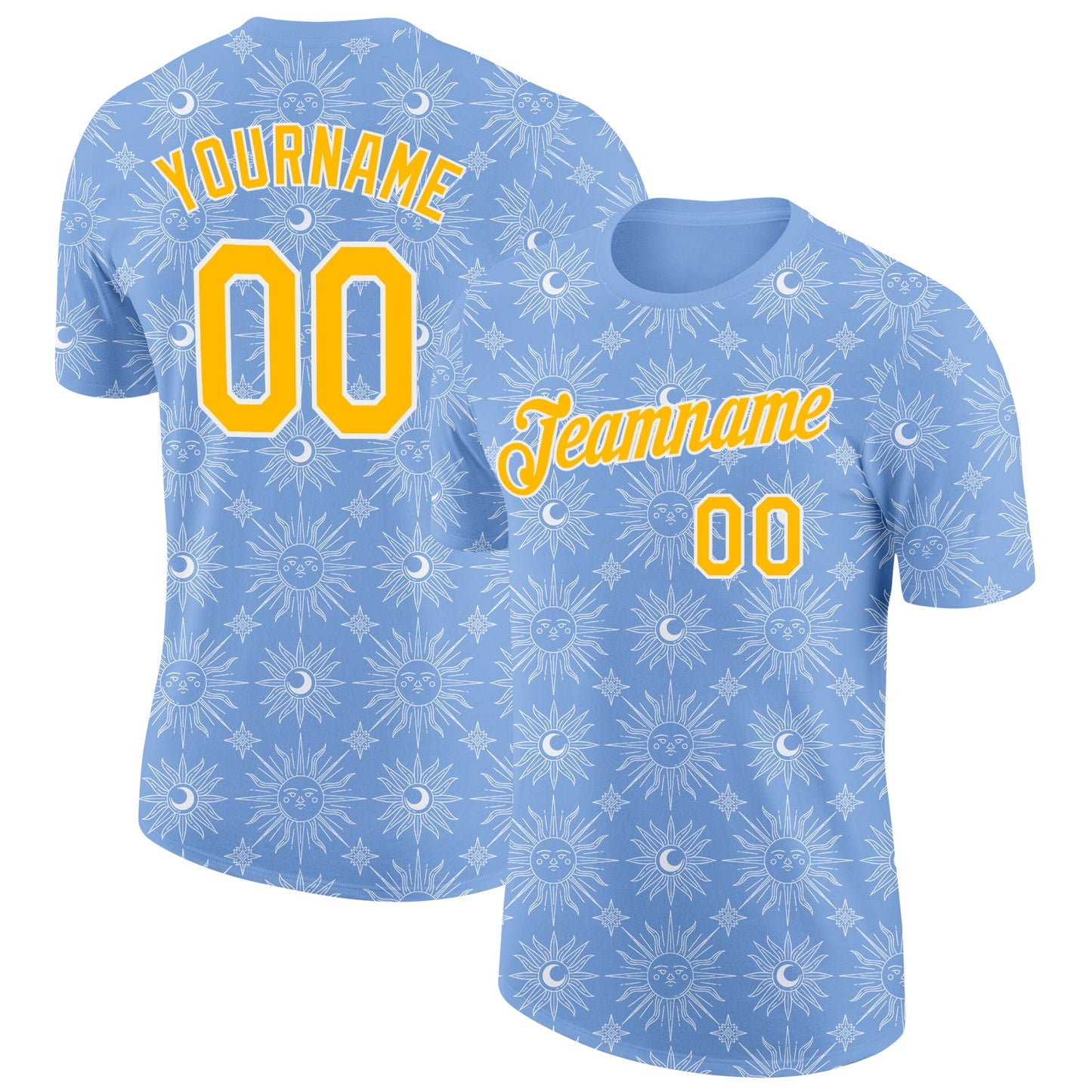 Custom Light Blue Gold-White Uruguay Sun Performance T-Shirt - Main View