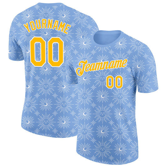 Custom Light Blue Gold-White Uruguay Sun Performance T-Shirt - Main View