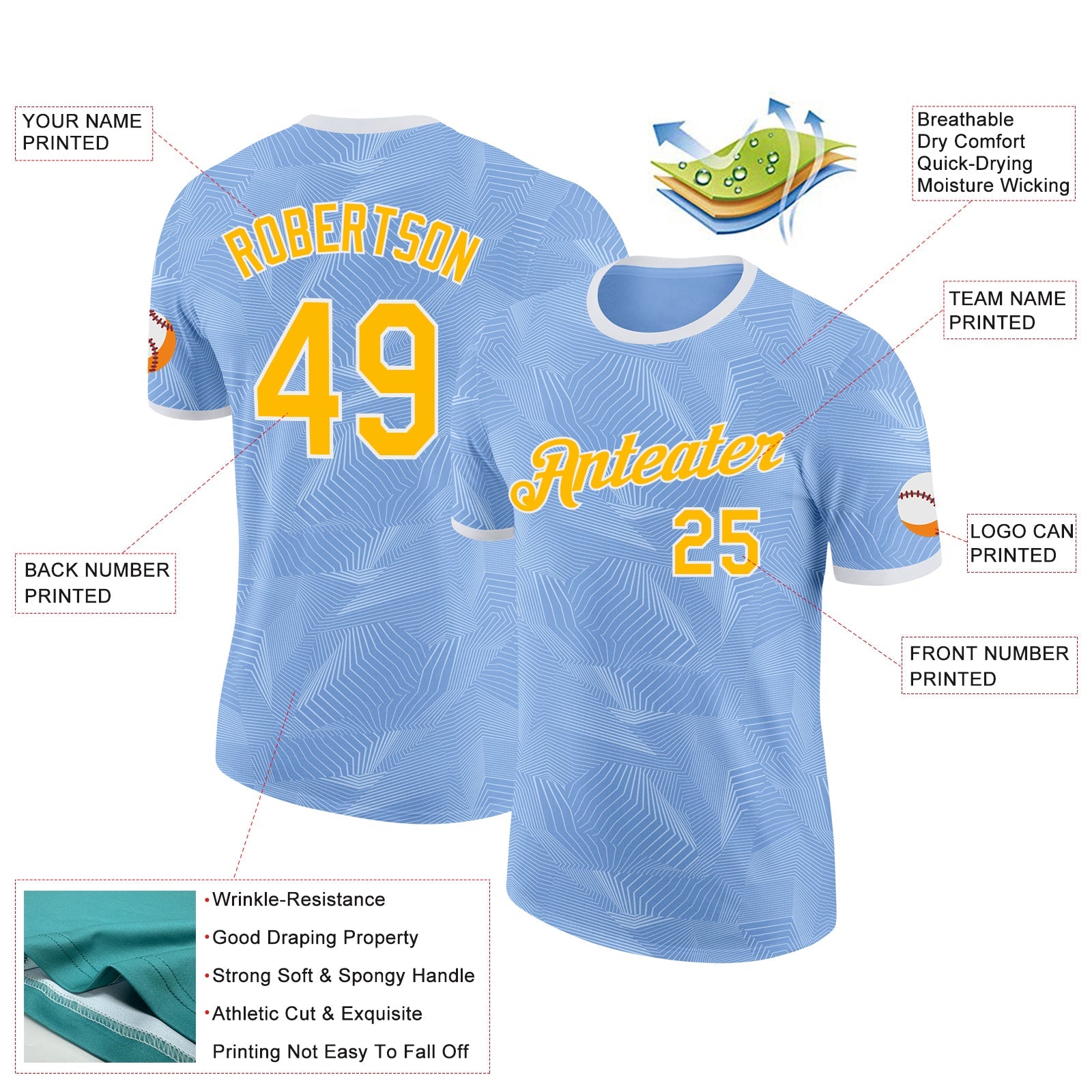 Custom Light Blue Gold-White Uruguay Geometric Performance T-Shirt view 2