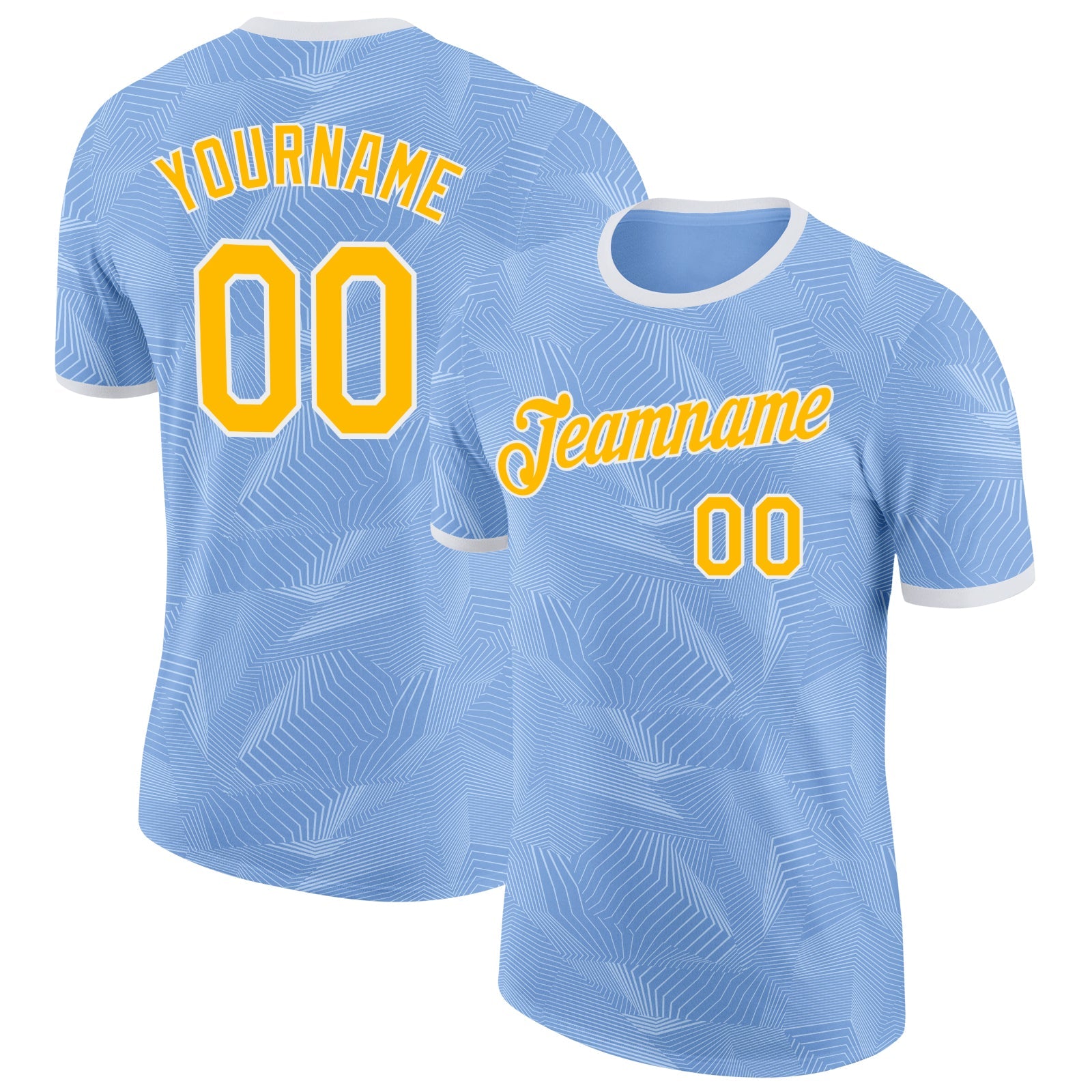 Custom Light Blue Gold-White Uruguay Geometric Performance T-Shirt - Main View