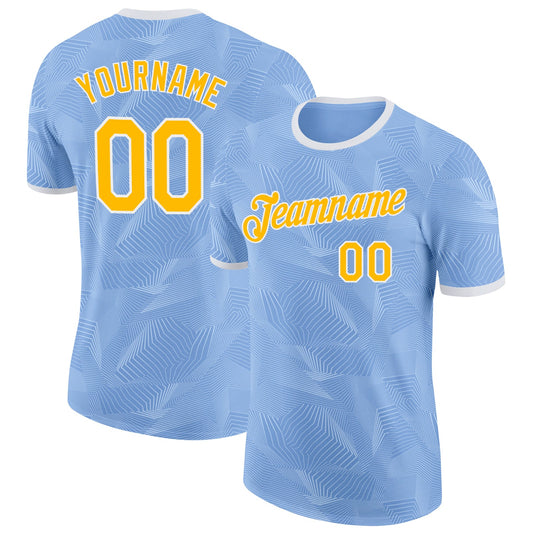 Custom Light Blue Gold-White Uruguay Geometric Performance T-Shirt - Main View