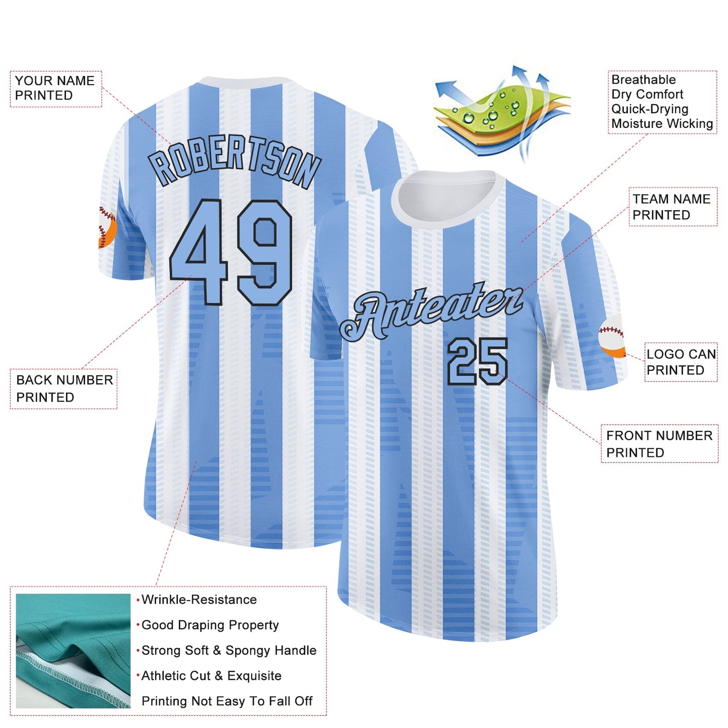 Custom White Light Blue-Black Uruguay Stripe Performance T-Shirt view 2