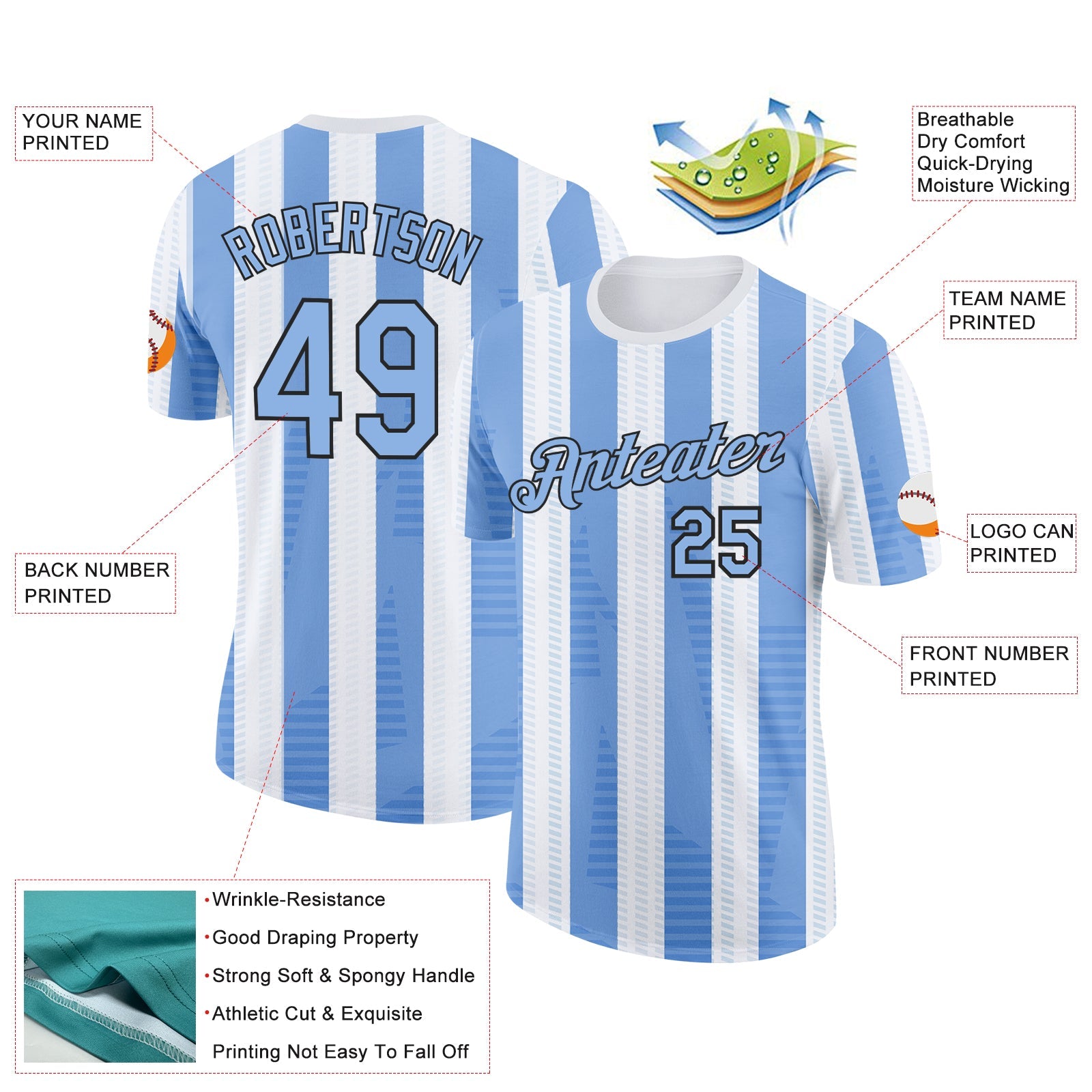 Custom White Light Blue-Black Uruguay Stripe Performance T-Shirt view 2