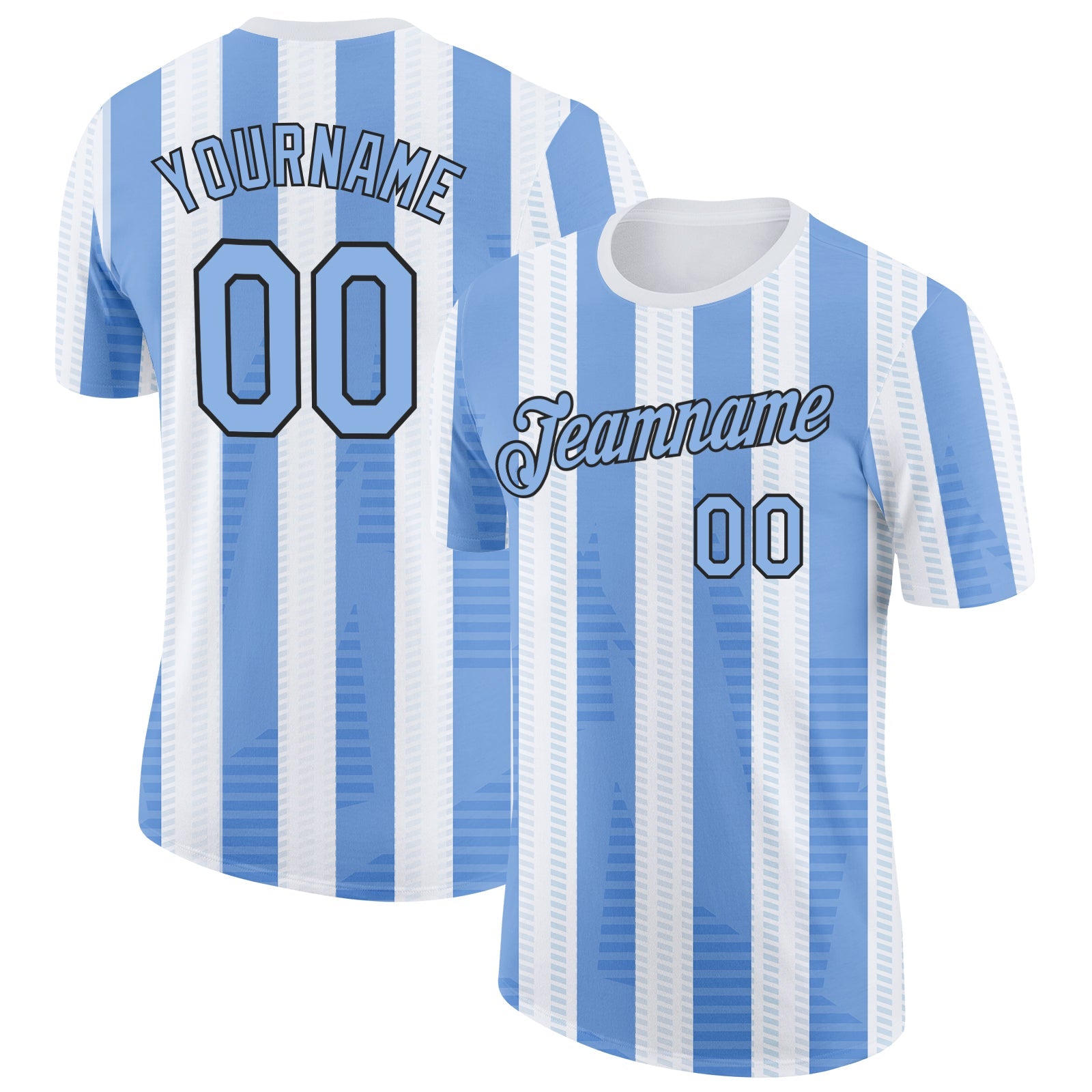 Custom White Light Blue-Black Uruguay Stripe Performance T-Shirt - Main View