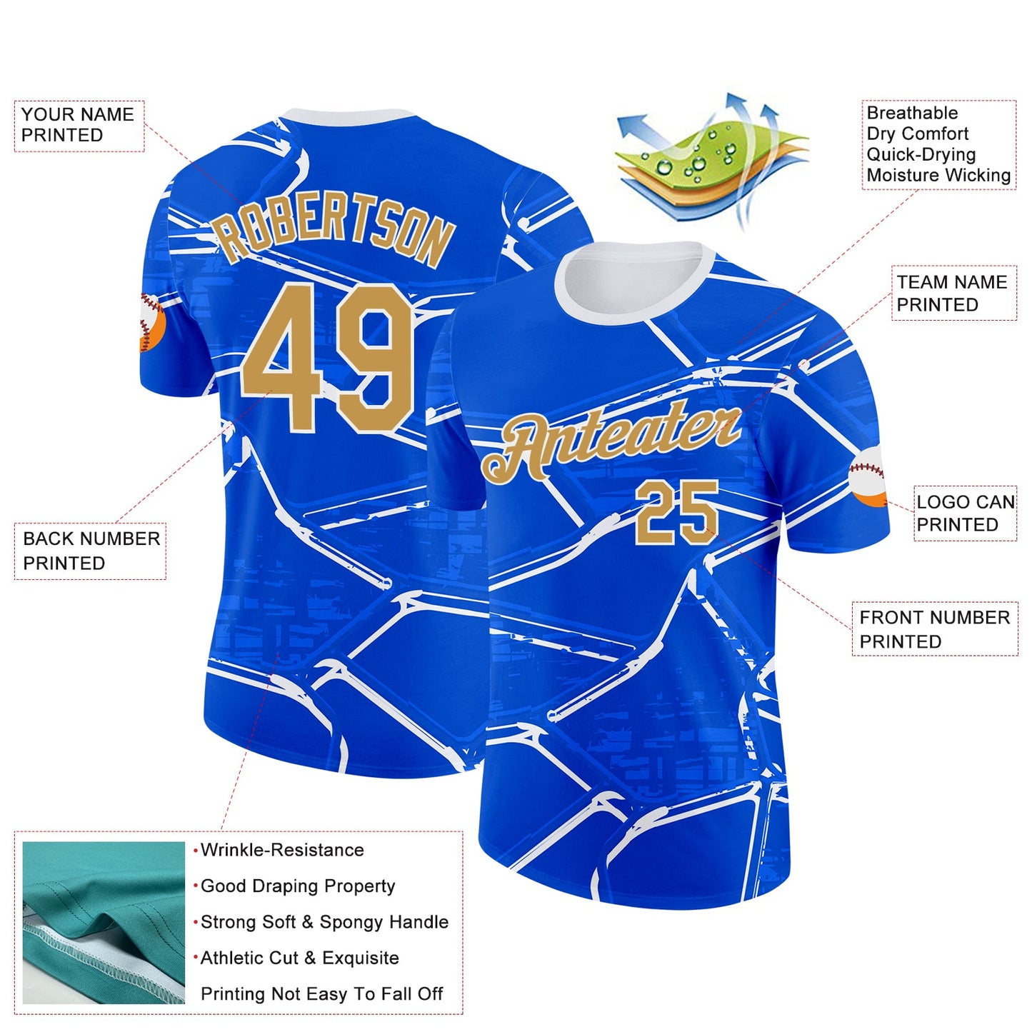 Custom Blue Old Gold-White Uruguay Abstract Geometric Net Performance T-Shirt view 2