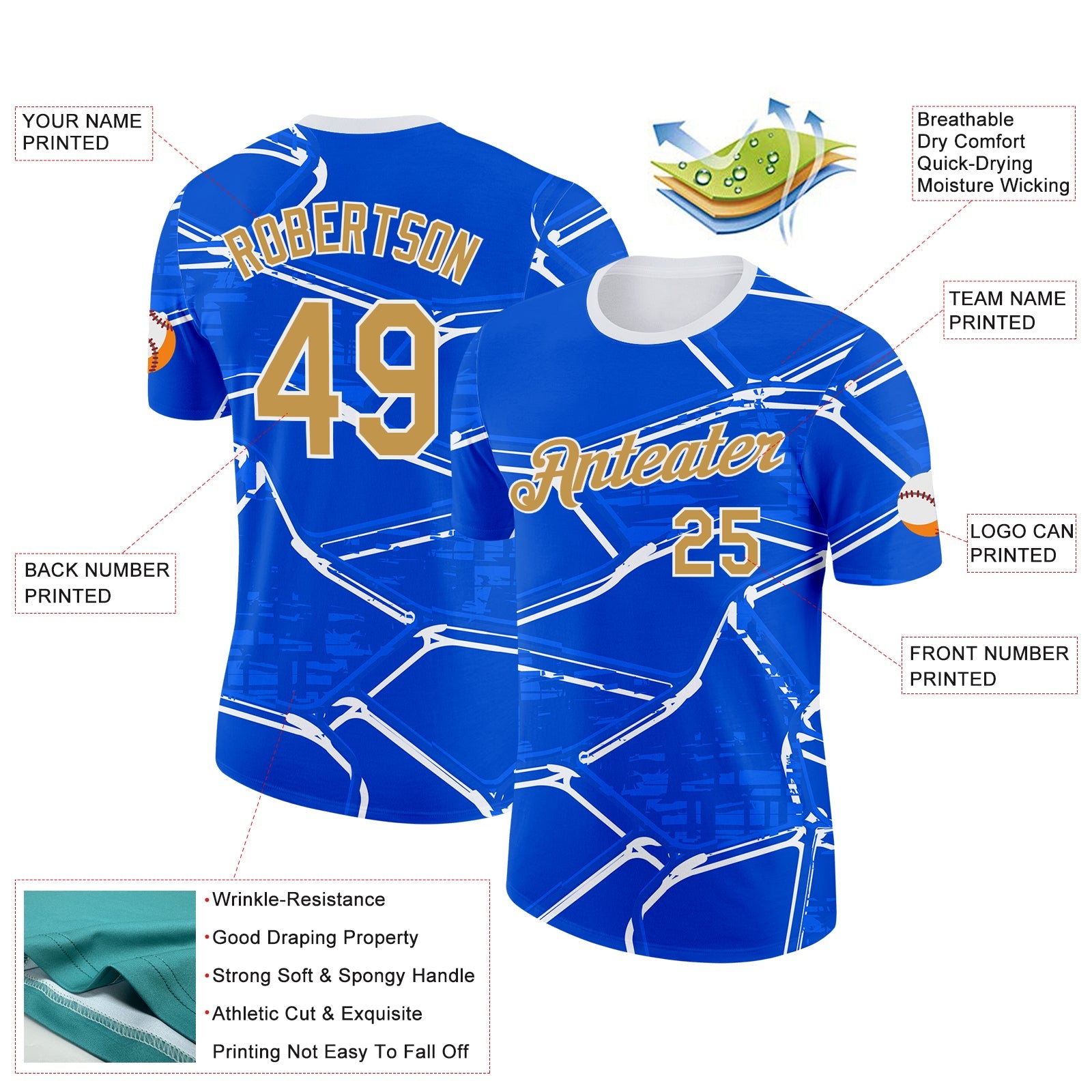 Custom Blue Old Gold-White Uruguay Abstract Geometric Net Performance T-Shirt view 2