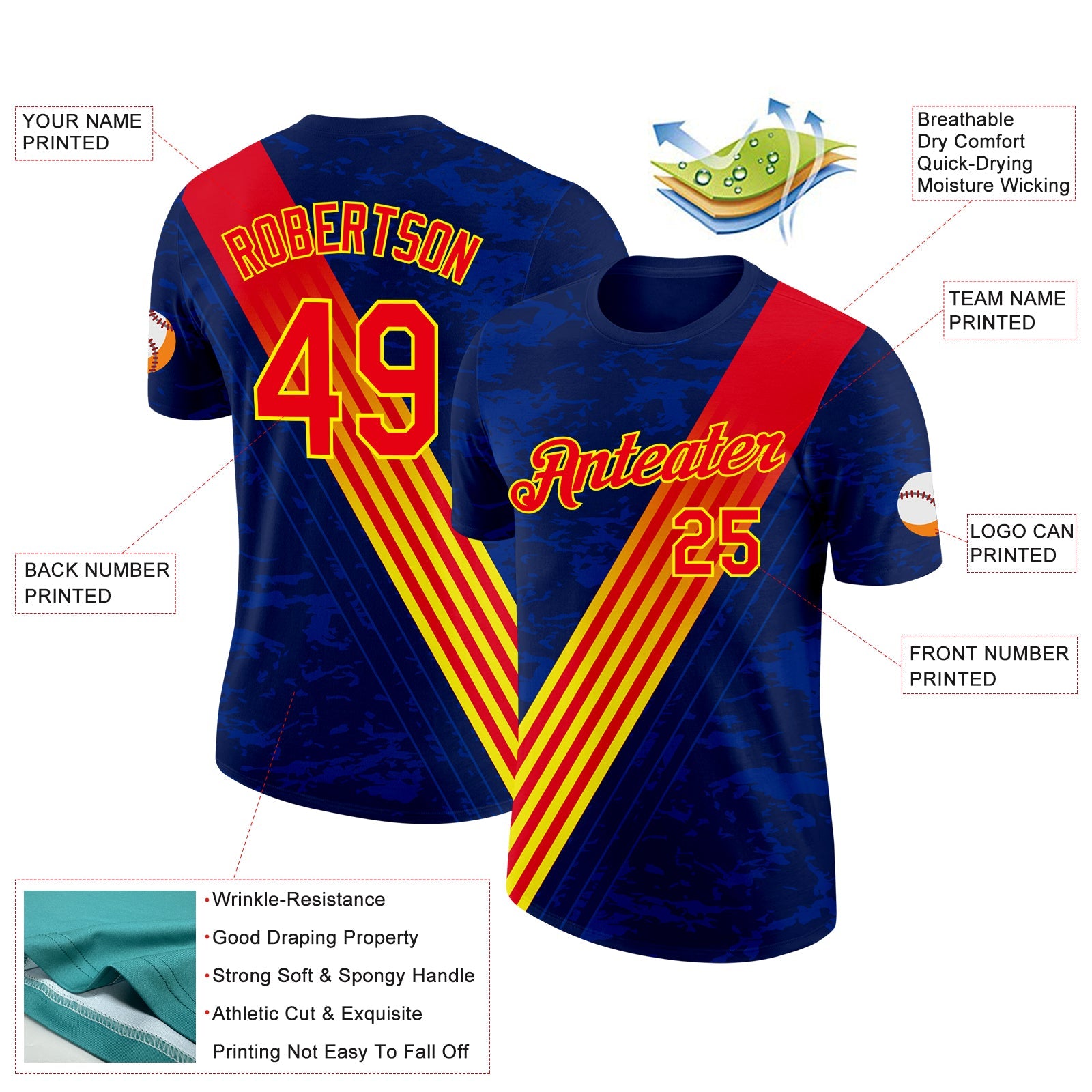 Custom Navy Fire Red-Light Yellow Spain Stripe Performance T-Shirt view 2