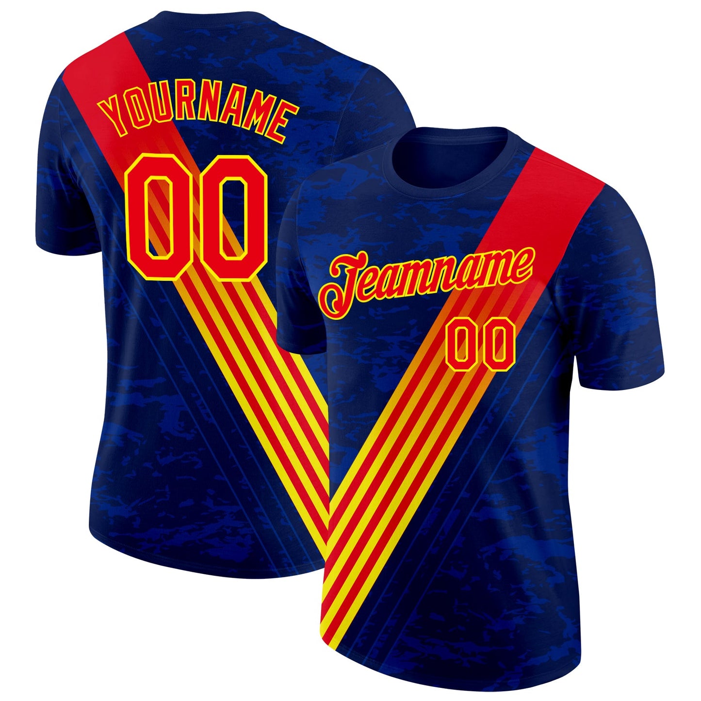 Custom Navy Fire Red-Light Yellow Spain Stripe Performance T-Shirt - Main View